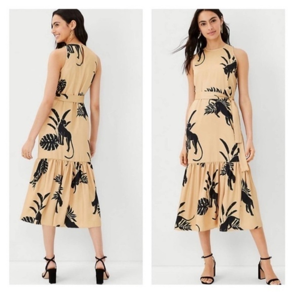 Ann Taylor Satin Jungle Panther Palm Leaves Sleeveless Tank Midi Dress L NWT